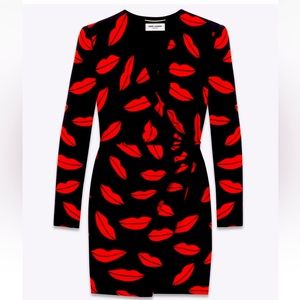 NWT SAINT LAURENT Crossover Dress Lips Printed Silk Georgette Size FR 38 / US 4